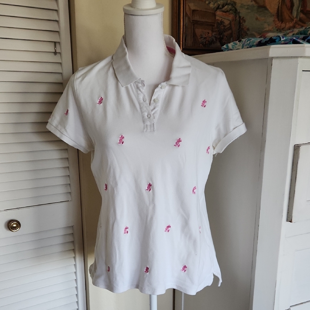 Disney White Polo With Pink Embroidered Mickeys Polo Large Vintage
